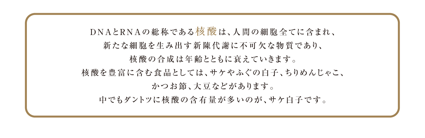 DNAとRNAの総称である核酸は、人間の細胞全てに含まれ、新たな細胞を生み出す新陳代謝に不可欠な物質であり、核酸の合成は年齢とともに衰えていきます。核酸を豊富に含む食品としては、サケやふぐの白子、ちりめんじゃこ、かつお節、大豆などがあります。中でもダントツに核酸の含有量が多いのが、サケ白子です。